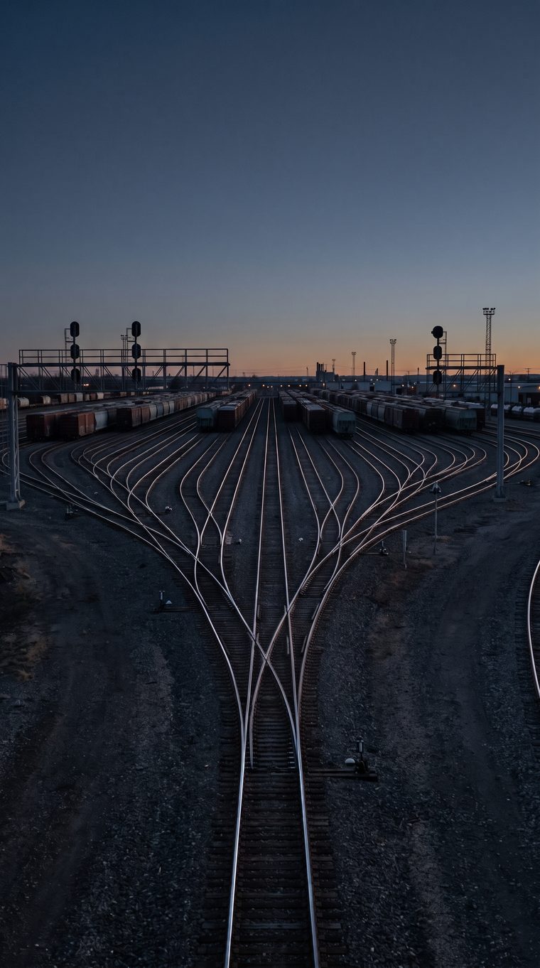 Rail yard switches converging many tracks into one at dusk