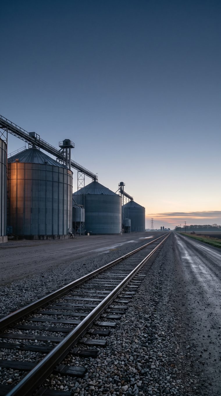 Grain elevators beside rail track running to the horizon at dawn