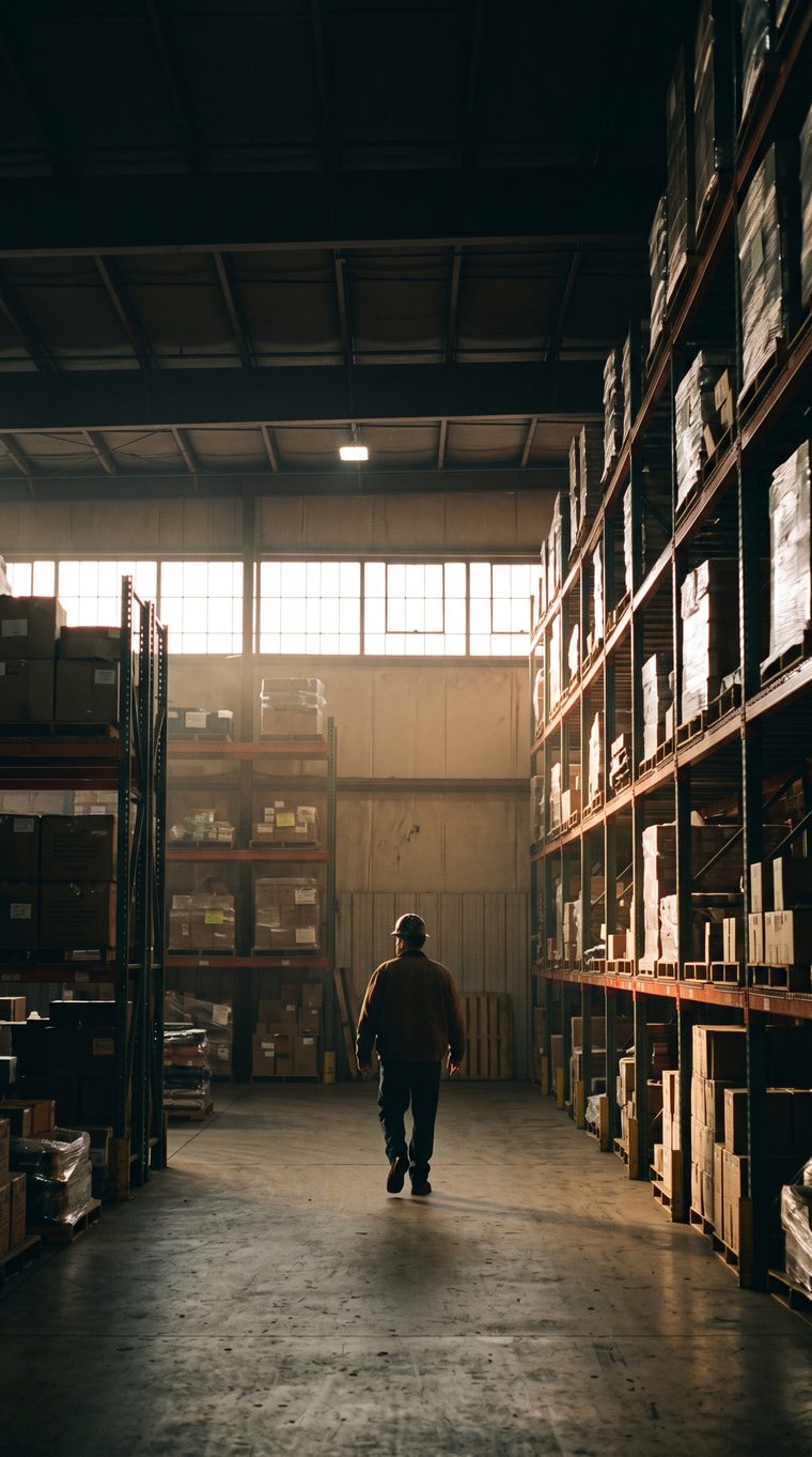 Warehouse worker walking a stocked aisle