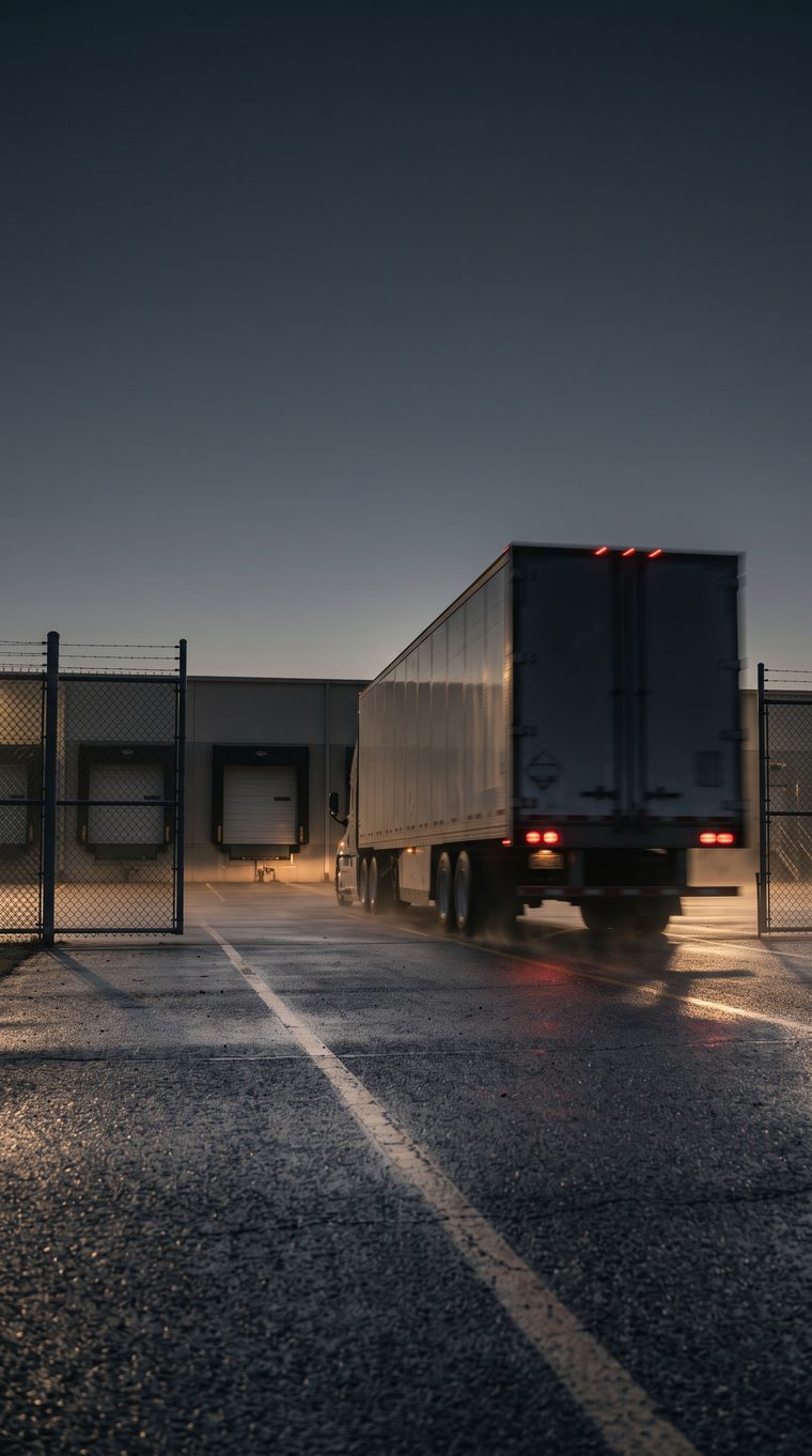 Loaded trailer pulling away from a dock at dusk