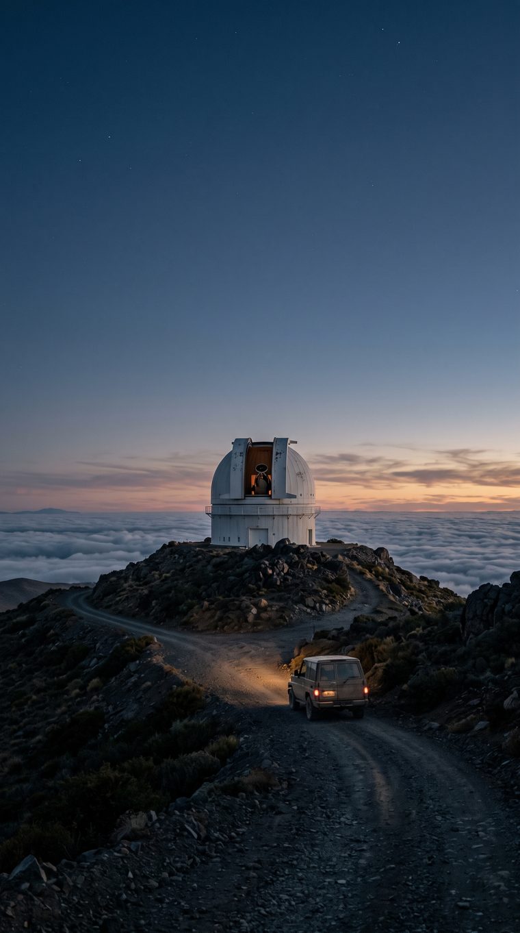 Hilltop observatory above the cloud line at dusk