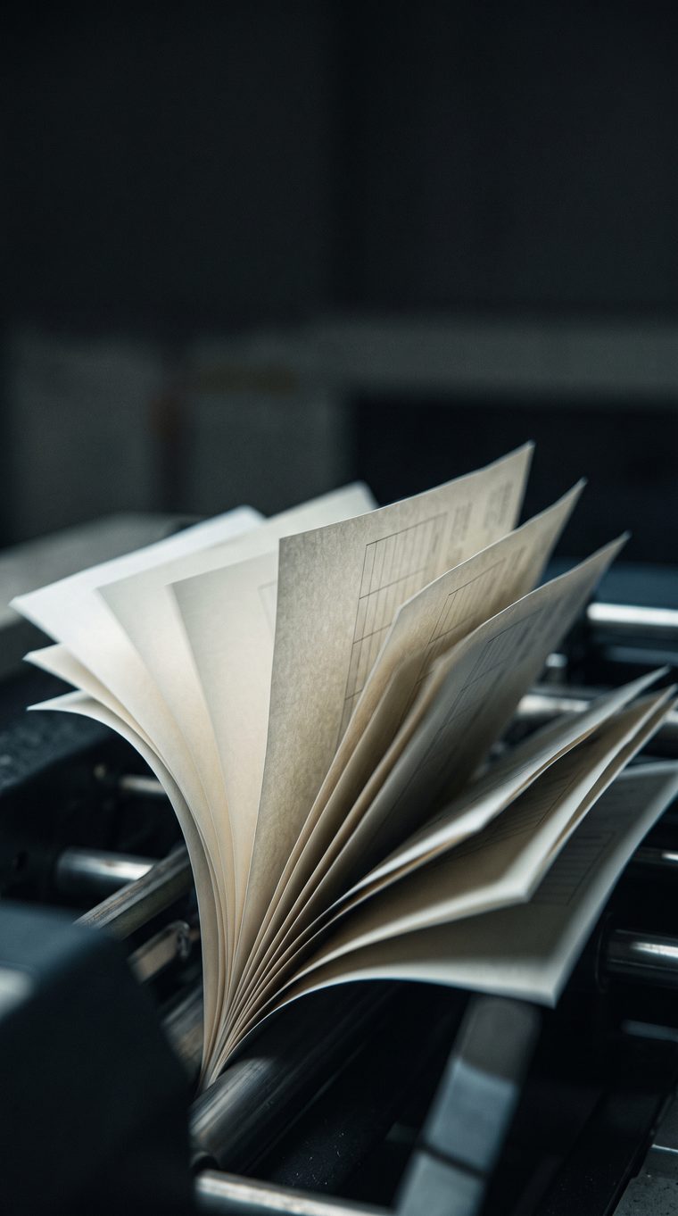 Freshly printed invoices fanned on a press
