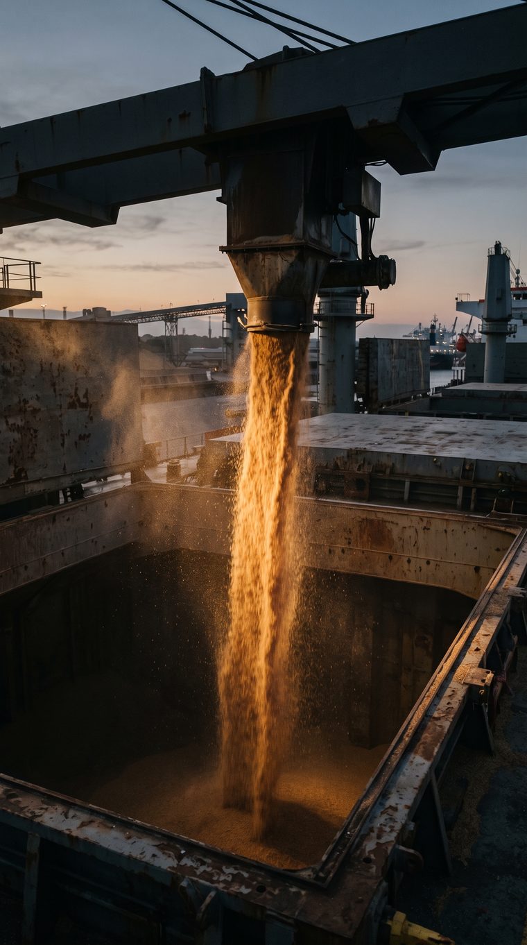 Grain pouring from a loader into a ship's hold at sunset
